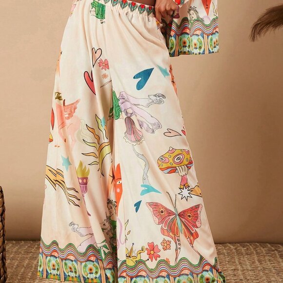 Multicolor Boho Women's Loose Wide Leg Vacation Printed Woven Pants - Picture 4 of 5